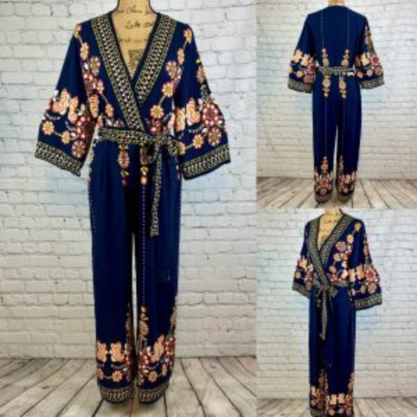 Emery Rose Boho Print Crossfront Belted Wide Leg Jumpsuit