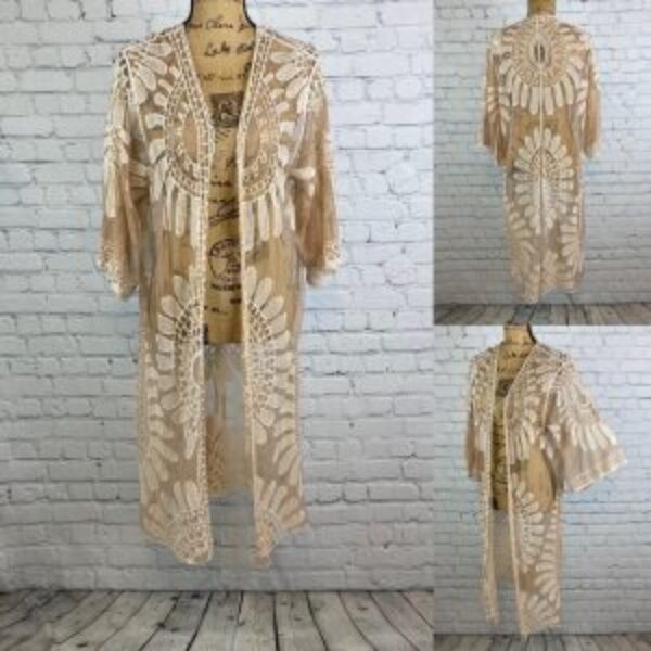 Rebellion Again Taupe Sheer Flower Design Open Front Kimono