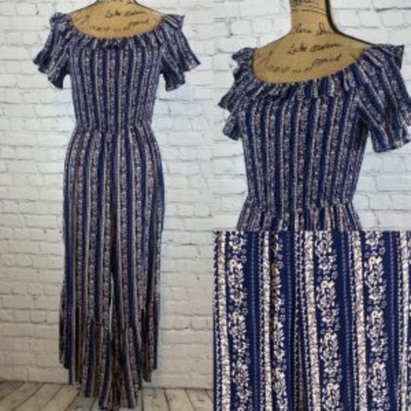 Xhilaration Navy Blue Print On/Off Shoulder Ruffled Jumpsuit