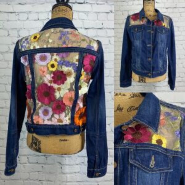 Upcycled One of a Kind 3D Flowers/Sheer Panel Denim Jean Jacket