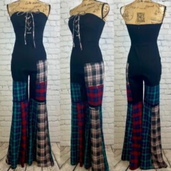 Fashion Nova Strapless Lace Up Plaid Bell Bottoms Jumpsuit