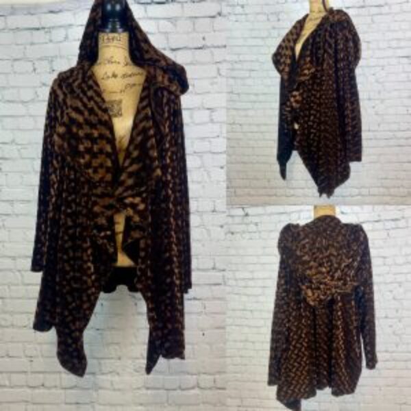 The Pyramid Collection Brown Velvet Hooded Open Front Cardigan/Cape