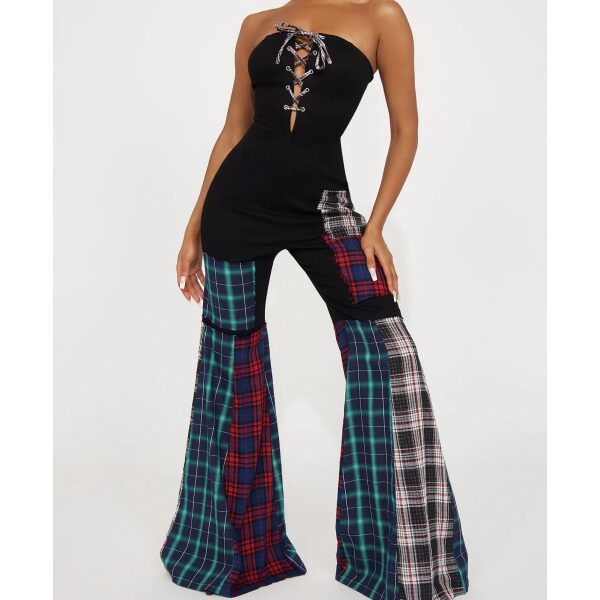Fashion Nova Strapless Lace Up Plaid Bell Bottoms Jumpsuit - Image 2