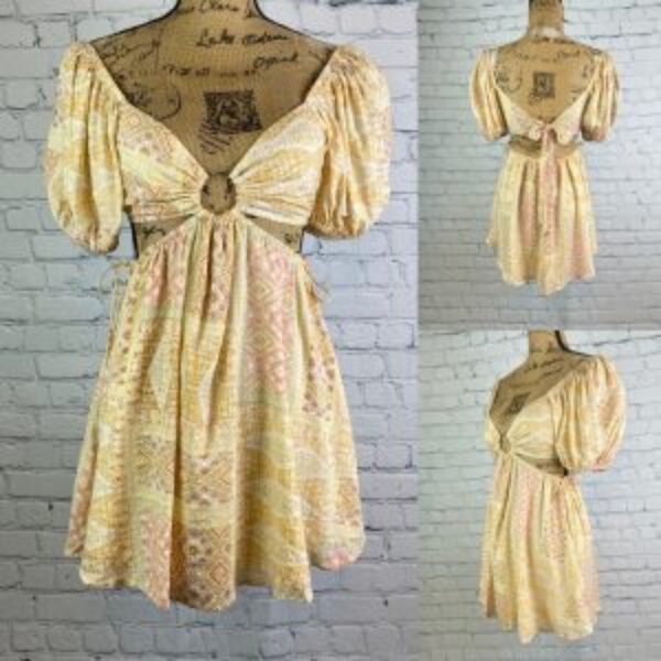 Sky to Moon Patchwork Print Front Ring Open Midrift Mini Dress