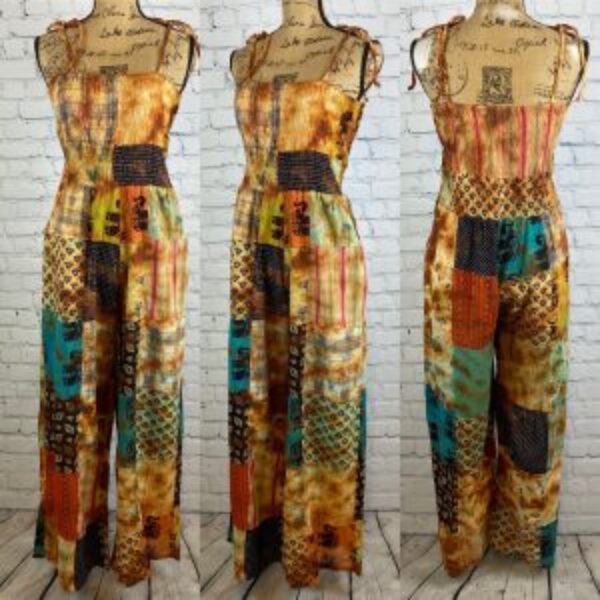 Everwood Orange Patchwork Shoulder Ties Jumpsuit Overalls
