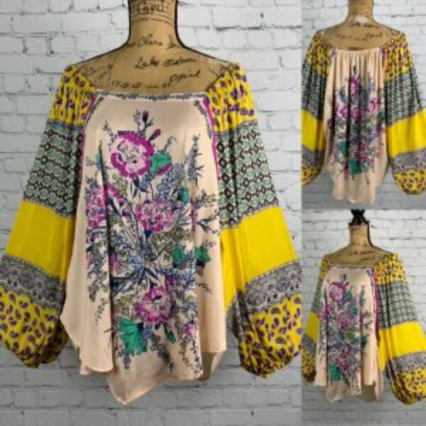 Free People Positano Floral Lightweight Boho Balloon Sleeve Top
