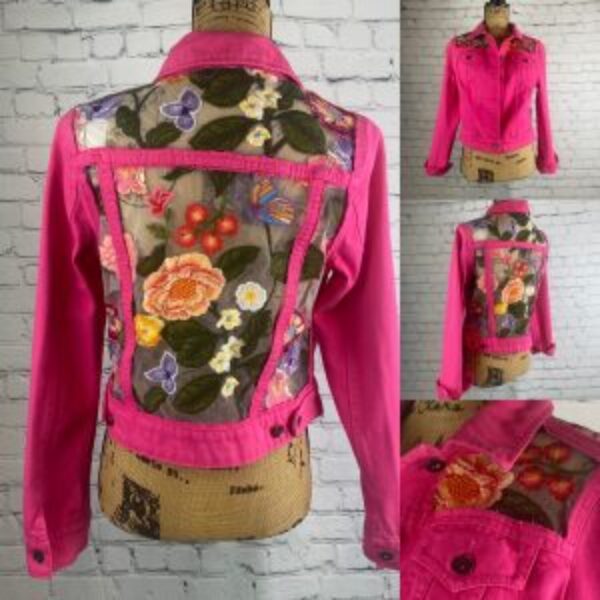 Upcycled Sheer Floral Tulle Fabric & Hot Pink Jean Jacket