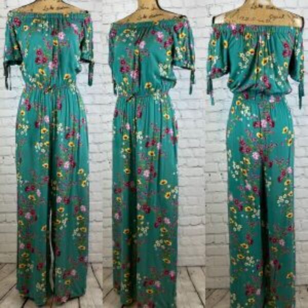 Xhilaration Green Floral On/Off Shoulder Wide Leg Jumpsuit