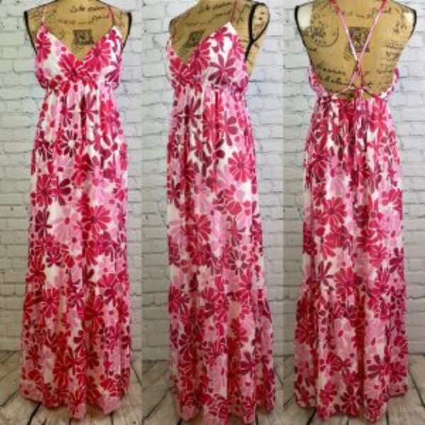 Pink Lily Whimsical Wonderland Flower Print Open Back Maxi