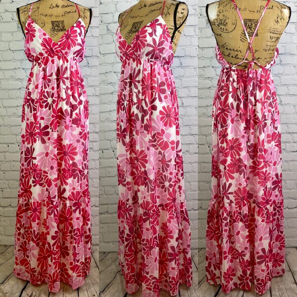 Pink Lily Whimsical Wonderland Flower Print Open Back Maxi