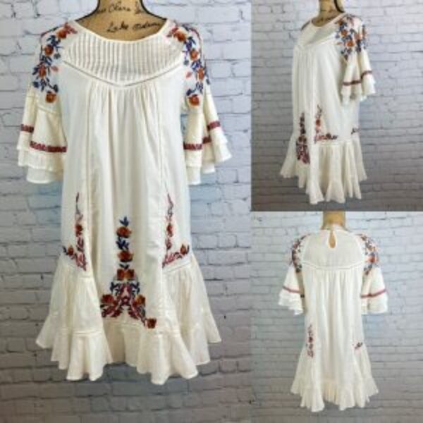 Free People White Embroidered Double Ruffle Sleeve Dress