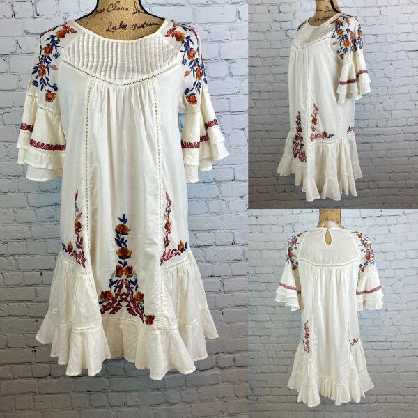 Free People White Embroidered Double Ruffle Sleeve Dress