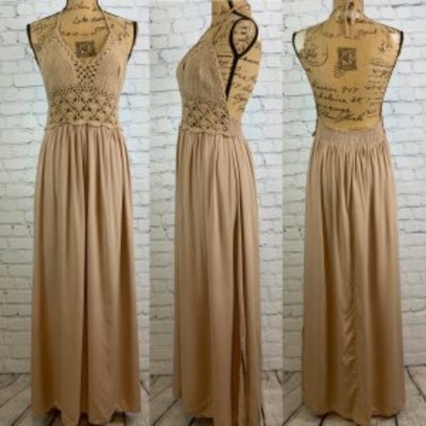 Lil Better Tan Crochet Cami Backless Maxi