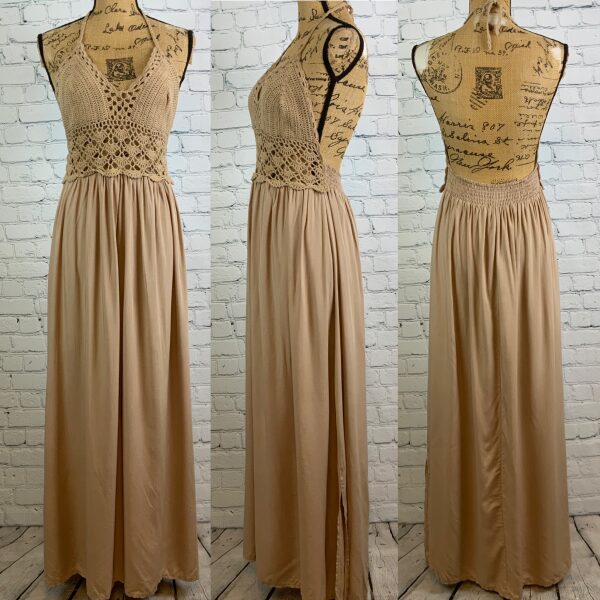 Lil Better Tan Crochet Cami Backless Maxi