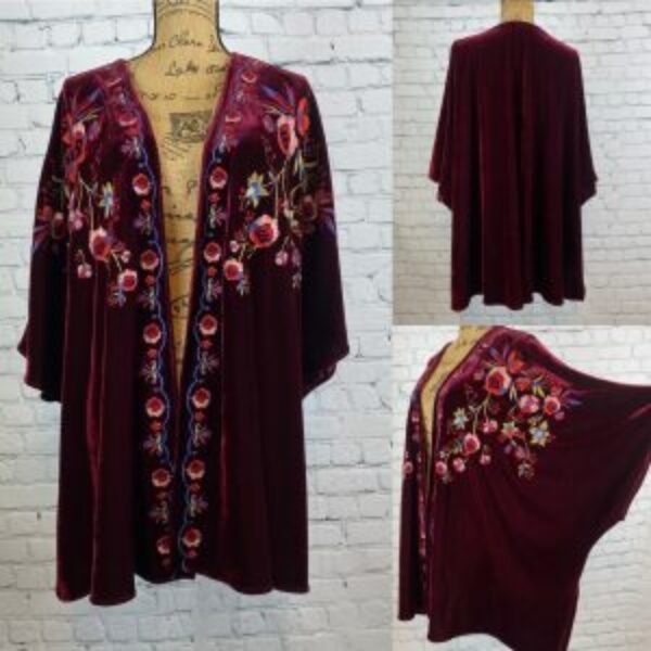 Umgee Burgandy Velvet Embroidered Open Front Kimono