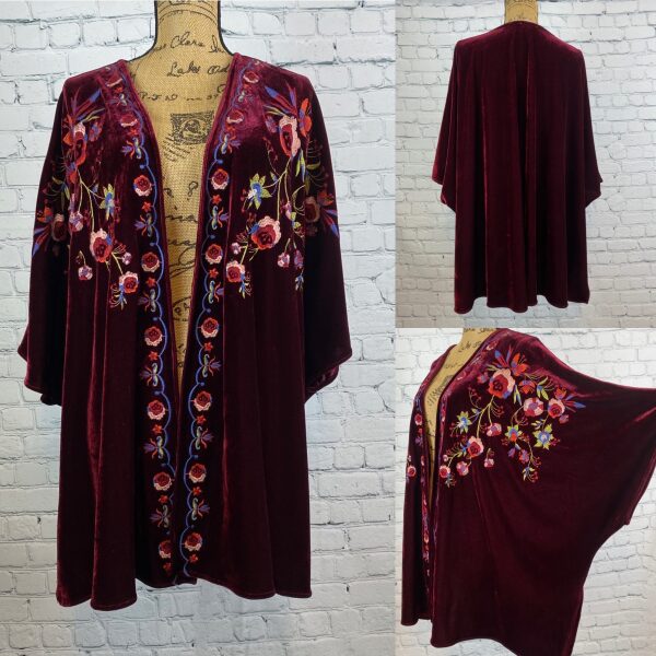 Umgee Burgandy Velvet Embroidered Open Front Kimono