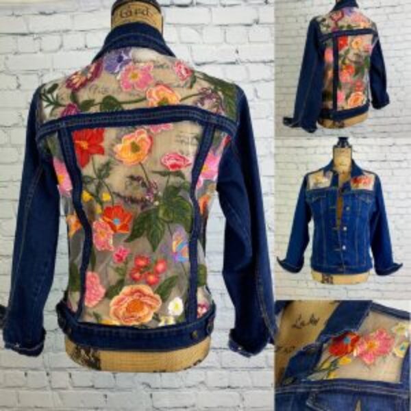 Upcycled Flower Embroidered Tulle/Dark Denim Jean Jacket