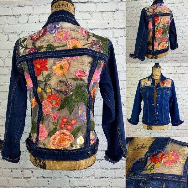 Upcycled Flower Embroidered Tulle/Dark Denim Jean Jacket
