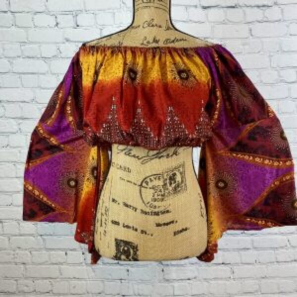 Off Shoulder Bold Boho Print Bell Sleeve Crop Top