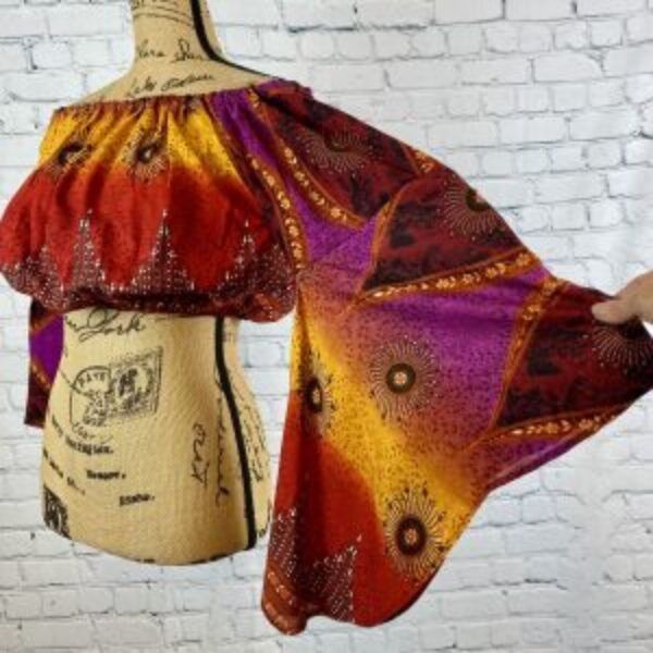 Off Shoulder Bold Boho Print Bell Sleeve Crop Top