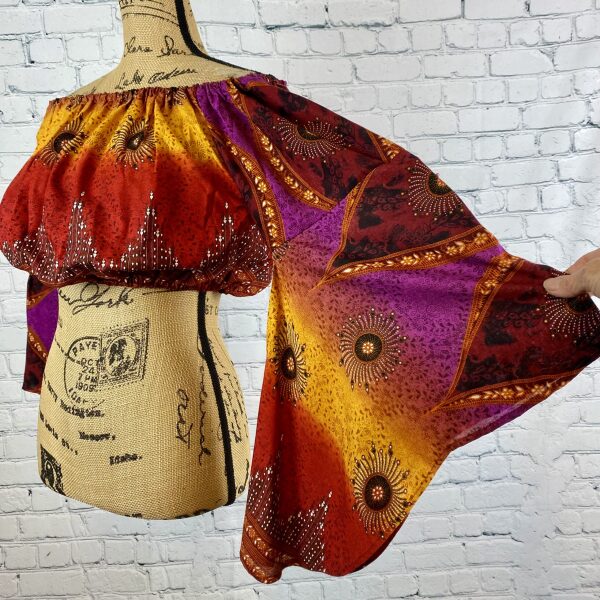 Off Shoulder Bold Boho Print Bell Sleeve Crop Top - Image 2