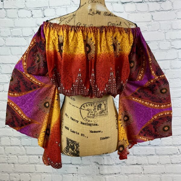 Off Shoulder Bold Boho Print Bell Sleeve Crop Top - Image 3