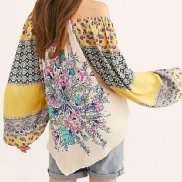 Free People Positano Floral Lightweight Boho Balloon Sleeve Top