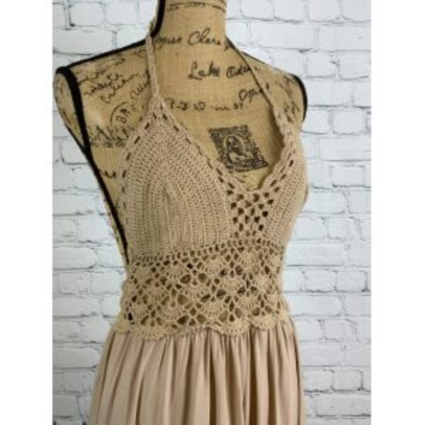 Lil Better Tan Crochet Cami Backless Maxi