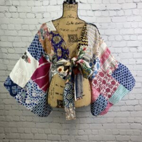 Patchwork Front Tie Bell Sleeve Crop Top