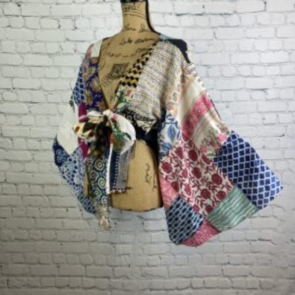 Patchwork Front Tie Bell Sleeve Crop Top