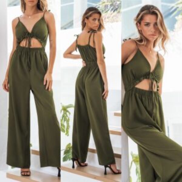 C+D+M Army Green Cutout Front Tie Cami Jumpsuit
