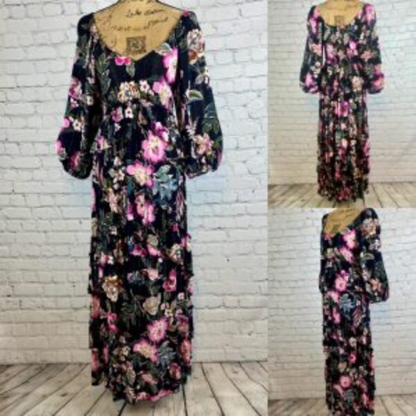 Jessica Simpson Black Floral Multi Ruffled Tier Silver Thread Maxi