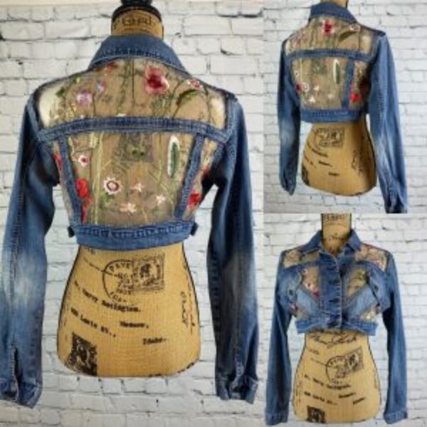 Upcycled Denim Crop Jean Jacket with Embroidered Tulle Fabric