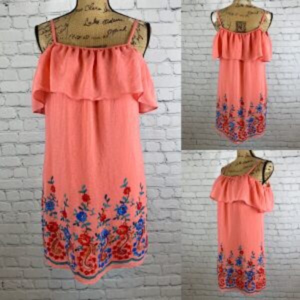 I.N. San Francisco Coral Ruffled Cold Shoulder Embroidered Dress
