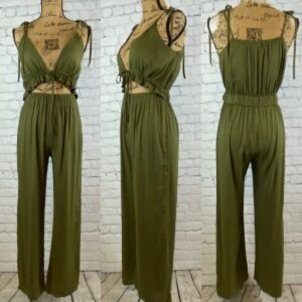C+D+M Army Green Cutout Front Tie Cami Jumpsuit