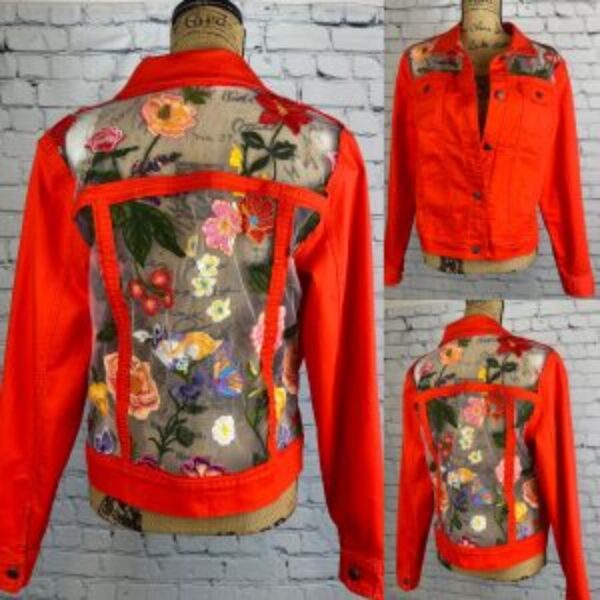 Upcycled Orange Jean Jacket & Flower Tulle Fabric