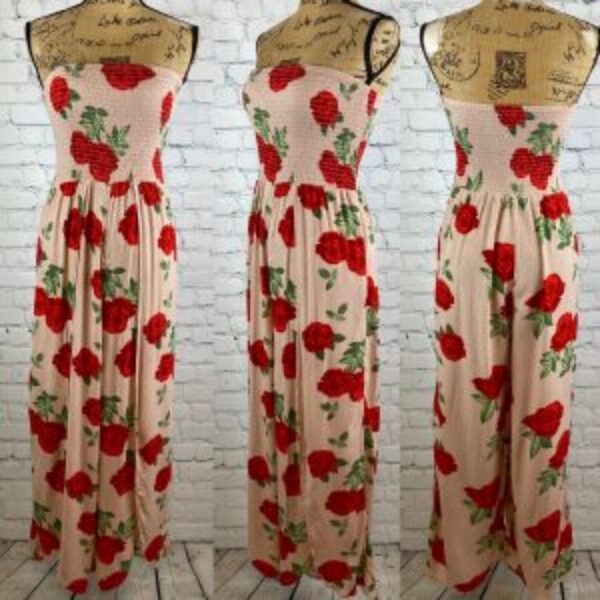 Justify Crinkly Rose Print Strapless Wrap Around Jumpsuit