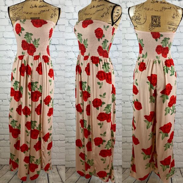 Justify Crinkly Rose Print Strapless Wrap Around Jumpsuit