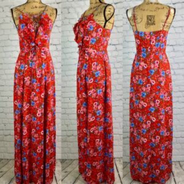 WAYF Red Floral Ruffled Lace Up Front Maxi