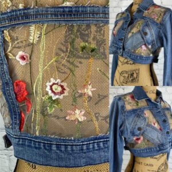 Upcycled Denim Crop Jean Jacket with Embroidered Tulle Fabric