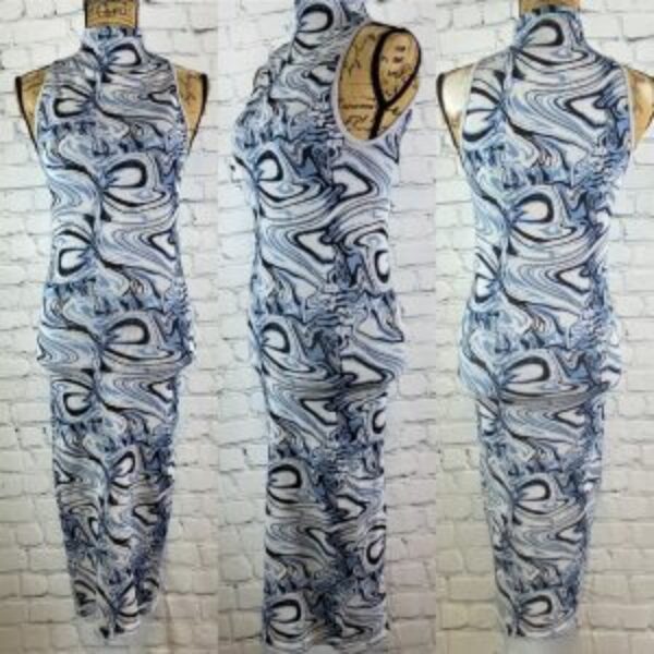 Zara Blue Marbled Jacquard Ribbed Bodycon Midi Dress