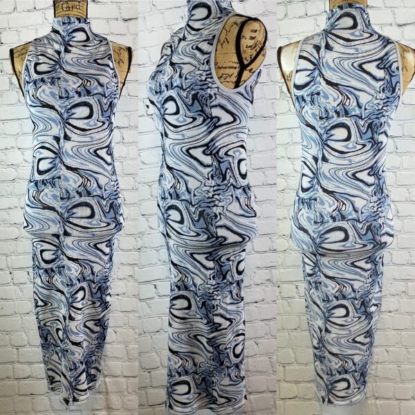 Zara Blue Marbled Jacquard Ribbed Bodycon Midi Dress