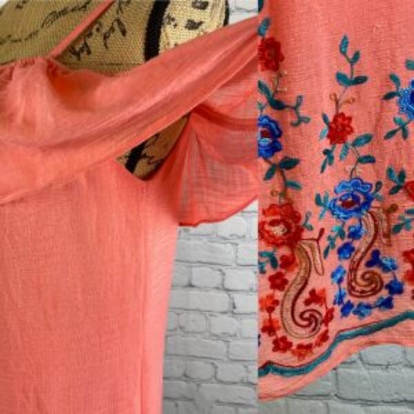 I.N. San Francisco Coral Ruffled Cold Shoulder Embroidered Dress