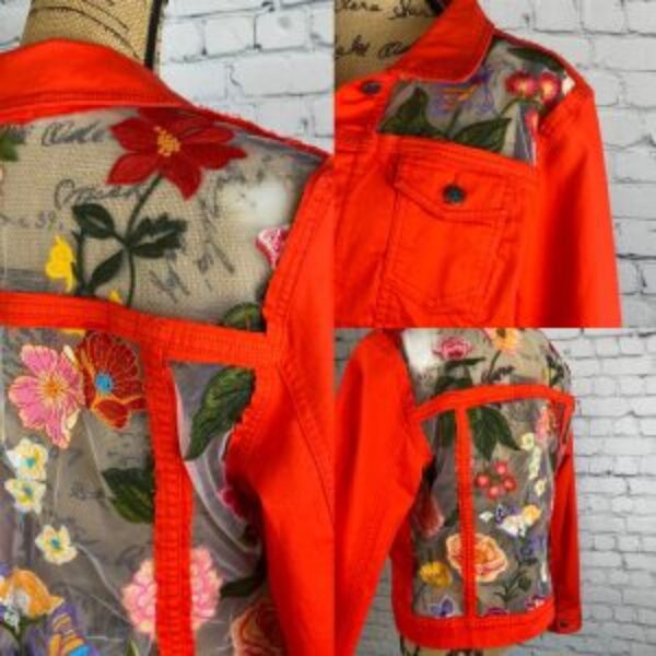 Upcycled Orange Jean Jacket & Flower Tulle Fabric