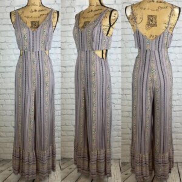 Entro Crinkly Lavender Boho Striped Side Cutouts Wide Leg Jumpsuit