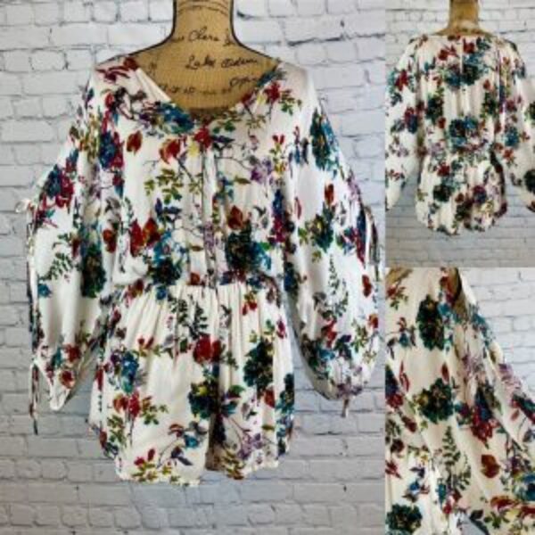 Umgee Crinkly Floral Print Crossfront Long Split Dolman Sleeve Romper