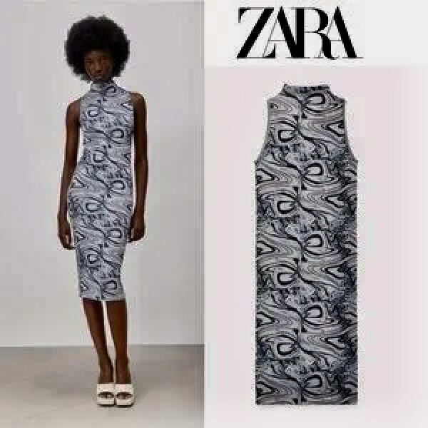 Zara Blue Marbled Jacquard Ribbed Bodycon Midi Dress - Image 2
