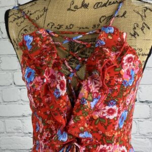 WAYF Red Floral Ruffled Lace Up Front Maxi