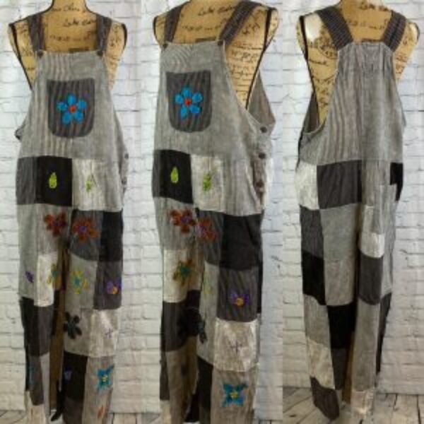 RI Artwork Striped/Flower Applique Overalls