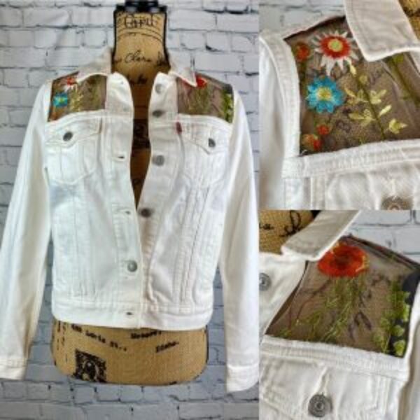 Upcycled One of a Kind Levi Jean Jacket/Embroidered Tulle Lace